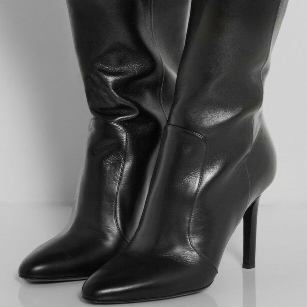NEW Tamara Mellon REBEL Leather Boots Calf Heels Black Almond Toe Shoes 38